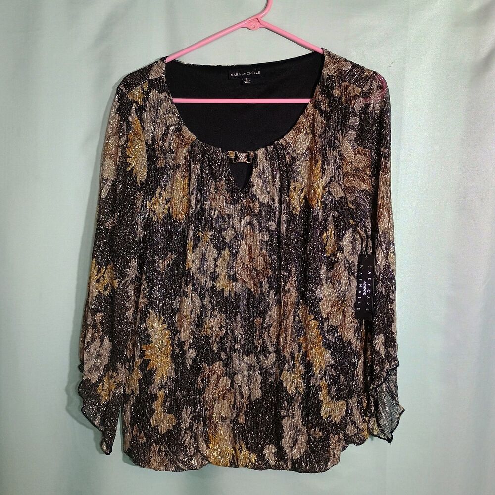 Sara Michelle Black Gold Floral Shimmer Blouse 3/4 Sleeve Keyhole Dressy Top